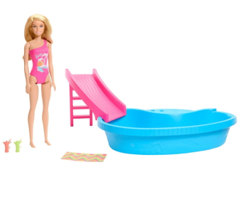 Barbie Doll and Pool Playset, Blonde with Pool, Slide, Towel and Drink Accessories, Multicolor