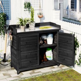 Outdoor 39" Potting Bench Table; Rustic Garden Wood Workstation Storage Cabinet Garden Shed with 2-Tier Shelves and Side Hook