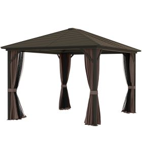 10 X 12 Hardtop Gazebo With Curtains And Netting, Gazebo Canopy With Aluminum Frame And Hooks, Coffee (Color: coffee)