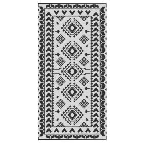 Reversible Outdoor Rug, Waterproof Plastic Straw With Carry Bag, 9 X 18, Black & White Rhombus Patchwork (Color: Black)