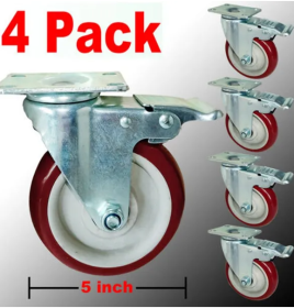 4 Pack 5 Inch Caster Wheels Swivel Plate Polyurethane Wheels Heavy Duty Wheels (Option: RedWheelGraySteel)